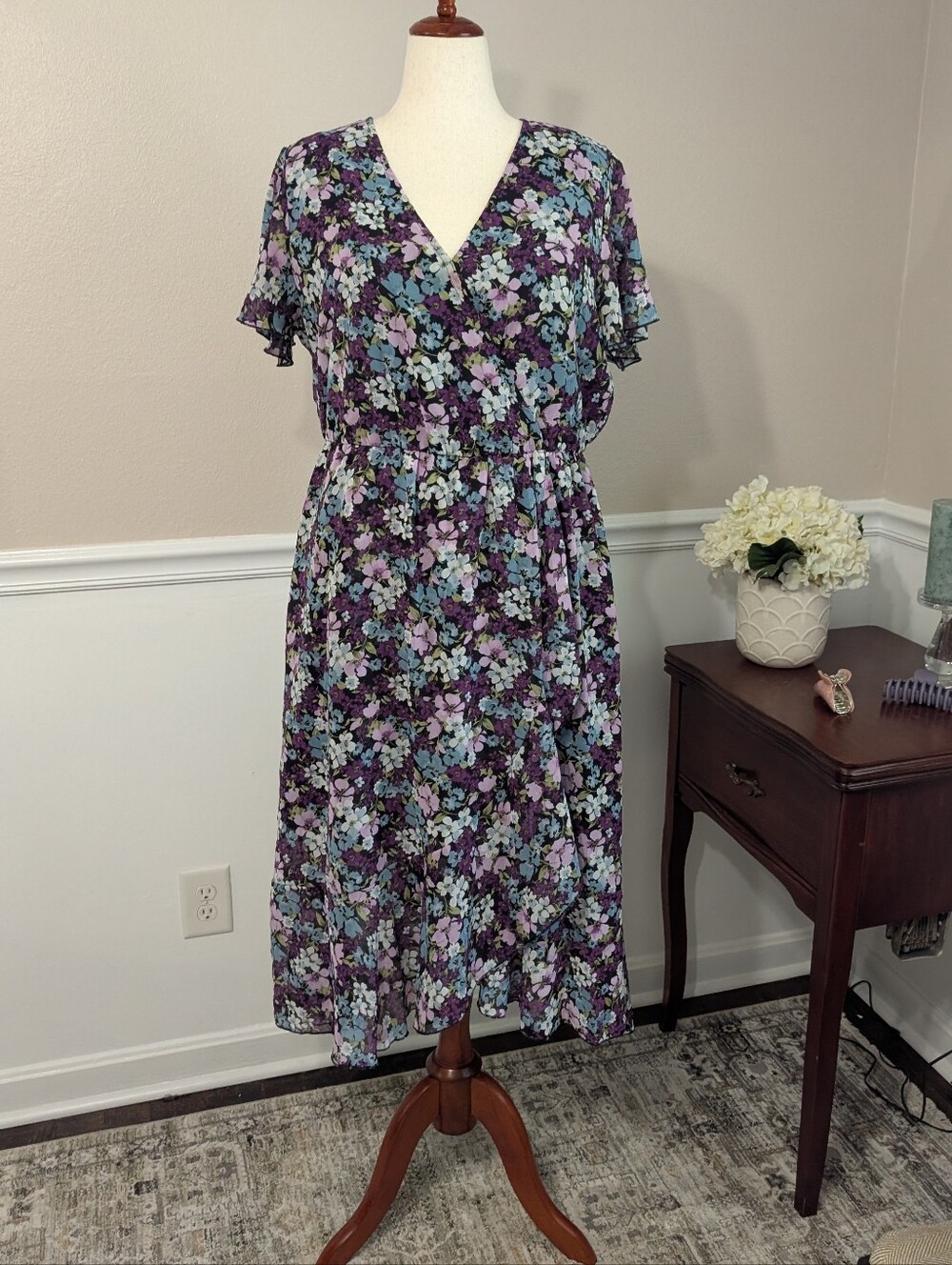 Prettygarden Purple And Blue Floral Faux Wrap Dress, Size XL - Picture 2 of 6